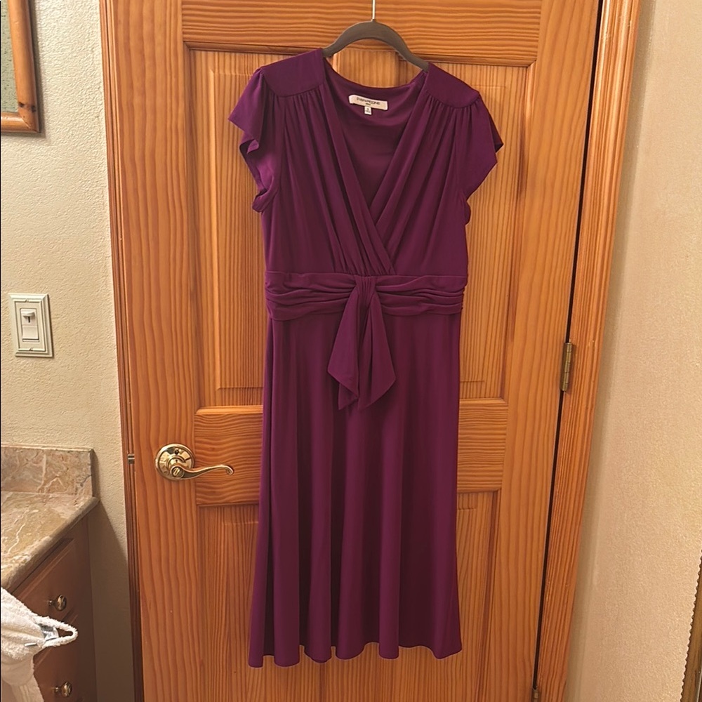Evan Picone Purple Wrap Midi Dress with Flutter Sleeves
